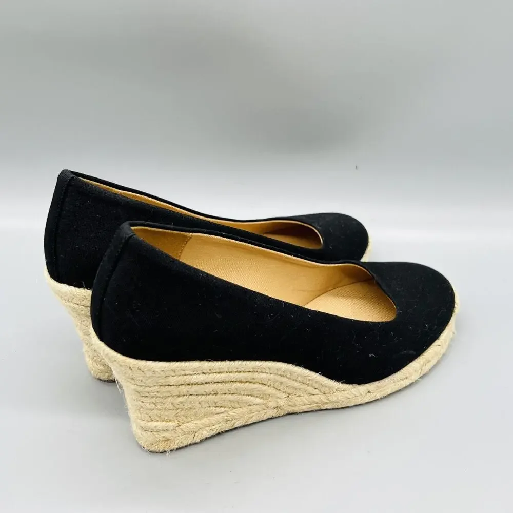 J Crew Shoes Womens 7.5 Black Cotton Espadrille Wedge Heels Round Toe Slip On